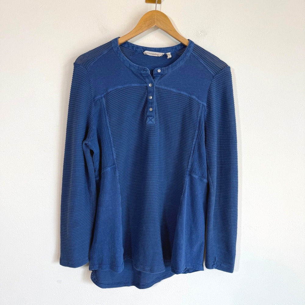 Soft Surroundings Henley Top Blue Mixed Media Waffle Knit Boho Lagenlook XL